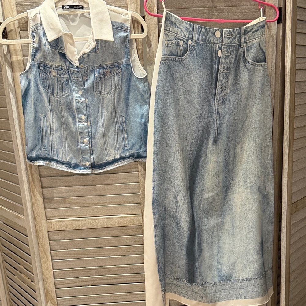 Zara Light Wash Silk Vest & Maxi Skirt Set with White Trim